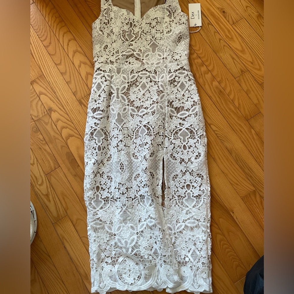 Stunning White Nude Lace Midi Dress with Front Slit